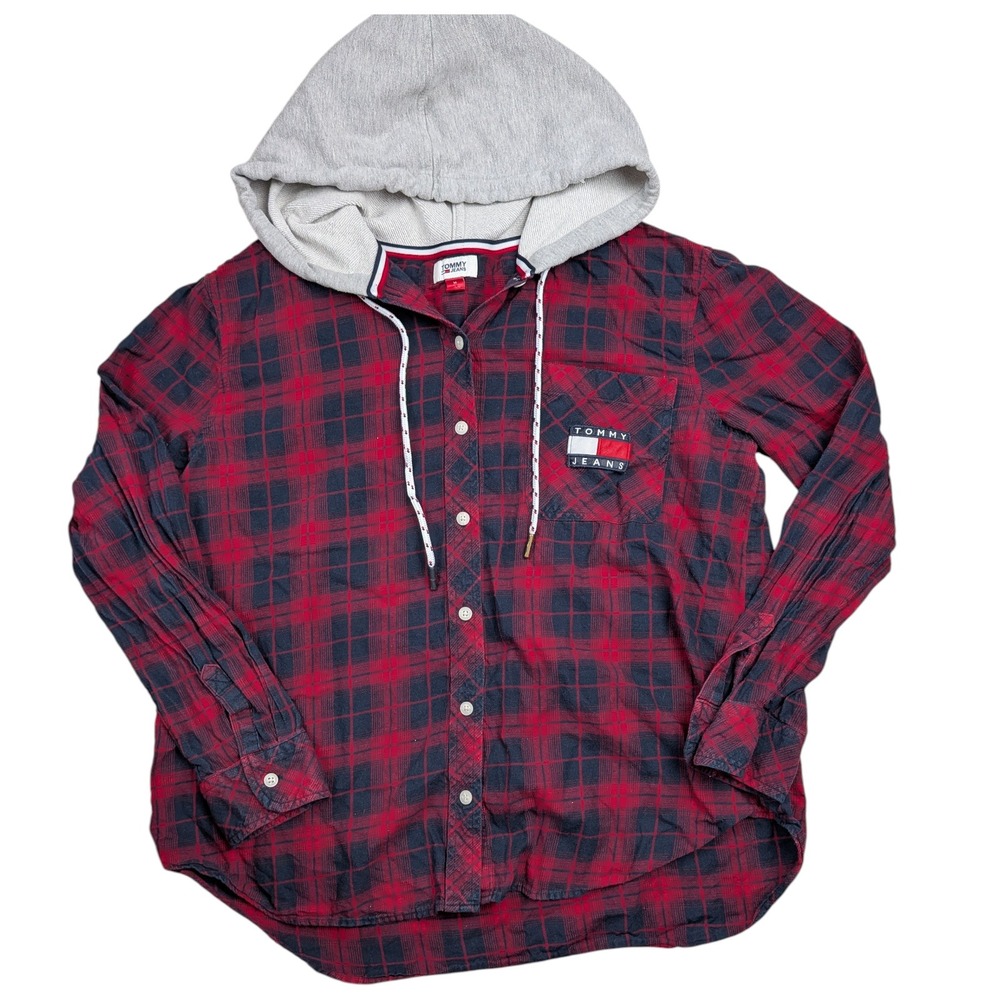 Tommy Jeans Shirt Jacket Hoodie Women‎ Medium Red Plaid Lumberjack